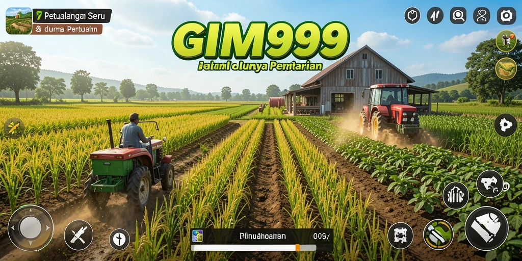 Tampilan gameplay GIM999 menampilkan aktivitas seru di ladang pertanian.