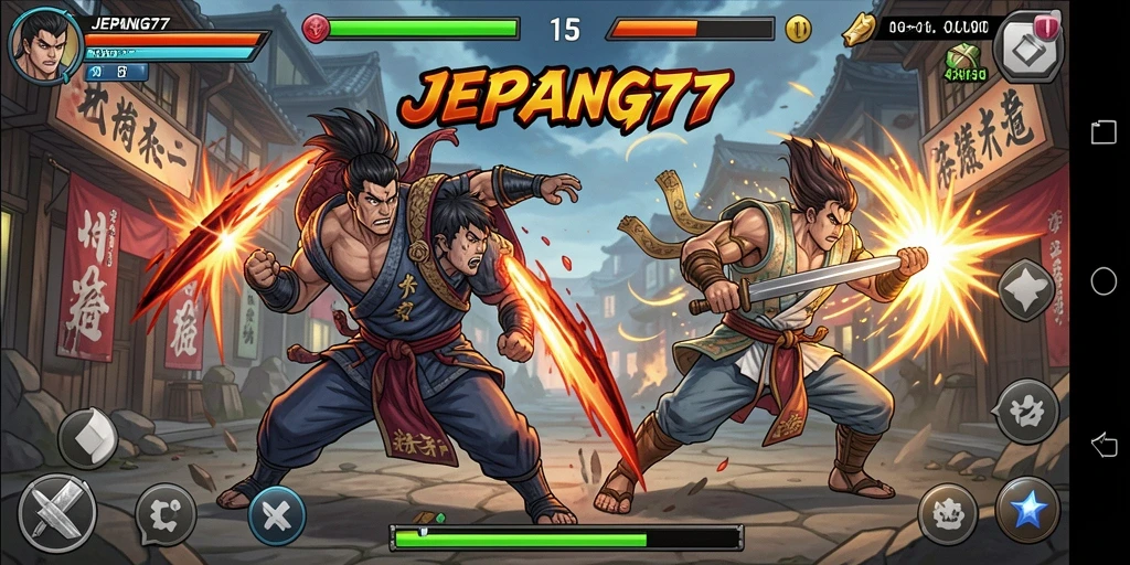 Screenshot JEPANG77 menampilkan aksi pertarungan karakter yang seru.