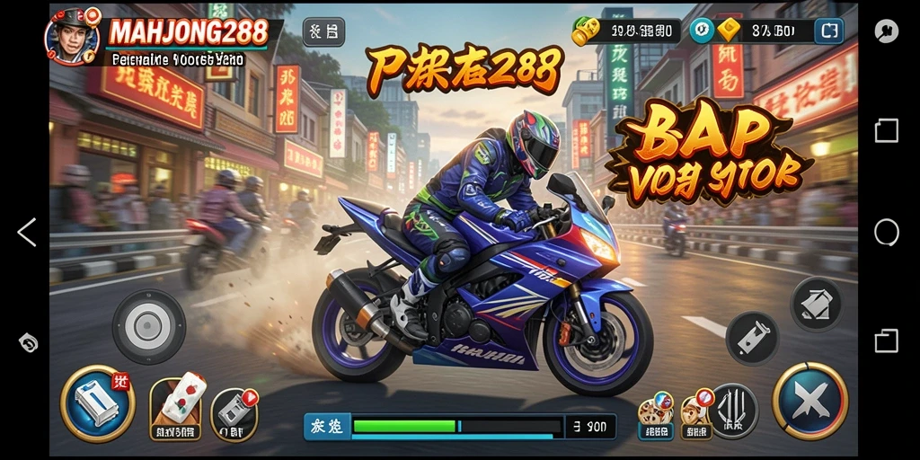 Tampilan gameplay seru dalam balapan motor di MAHJONG288.