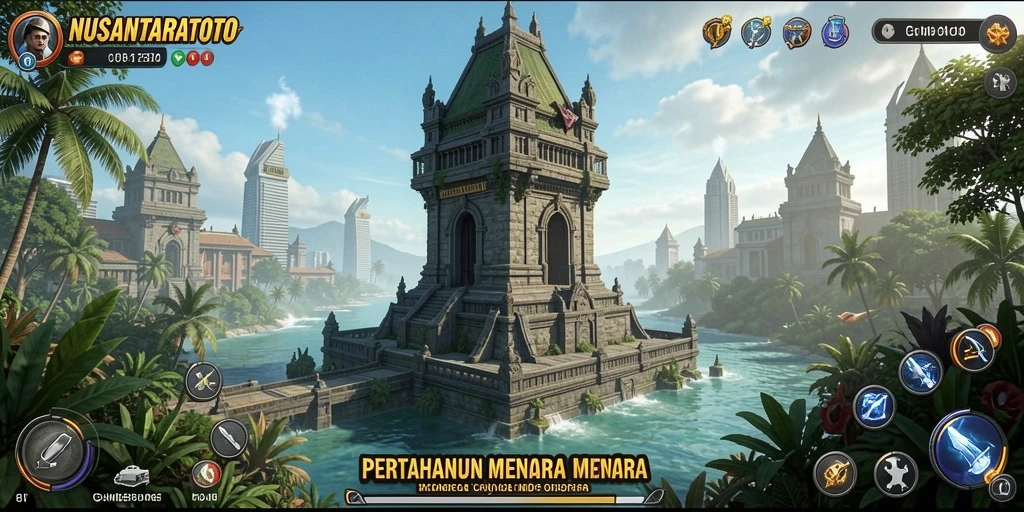 Tampilan gameplay NUSANTARATOTO dengan menara dan musuh yang menarik.