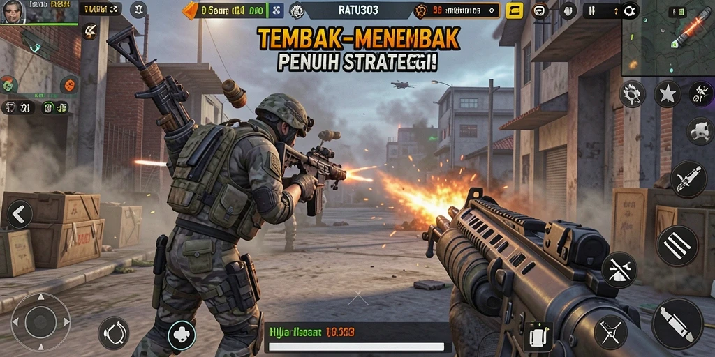Screenshot menampilkan aksi gameplay TPS yang intens dalam RATU303.