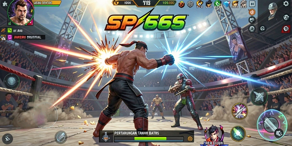 Screenshot SP666 menampilkan momen pertarungan epik di arena.