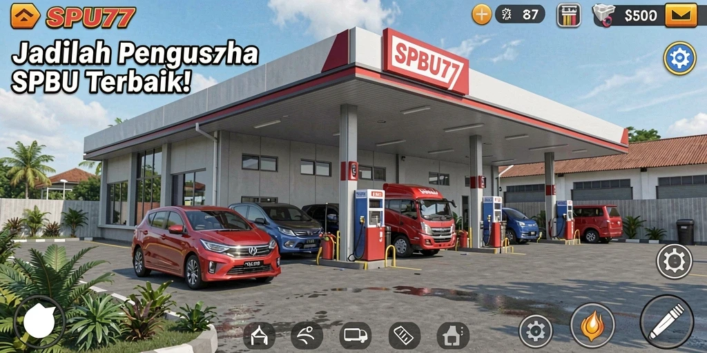 Tampilan menarik gameplay SPBU77 dengan desain stasiun pengisian bahan bakar.