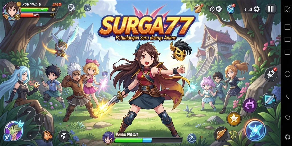 Screenshot utama SURGA77 menampilkan aksi pertarungan karakter anime yang dinamis.