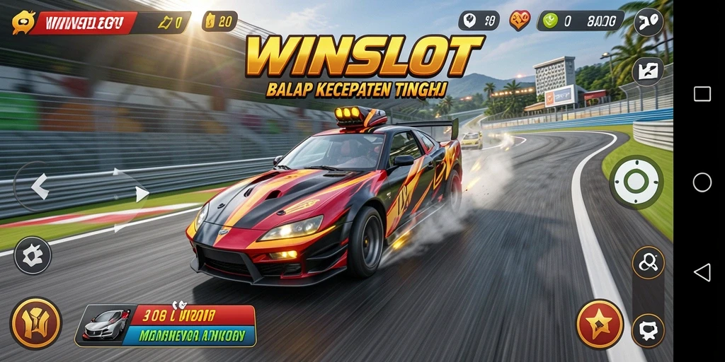 Tangkapan layar utama dari gameplay WINSLOT dengan aksi balap yang mendebarkan.