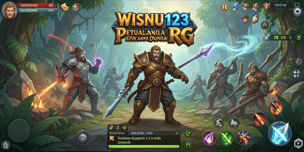 Screenshot menampilkan pertempuran epik dan karakter yang menonjol dalam WISNU123.