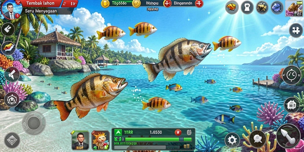 Tangkapan layar gameplay YYRR menunjukkan aksi menembak ikan yang menarik.