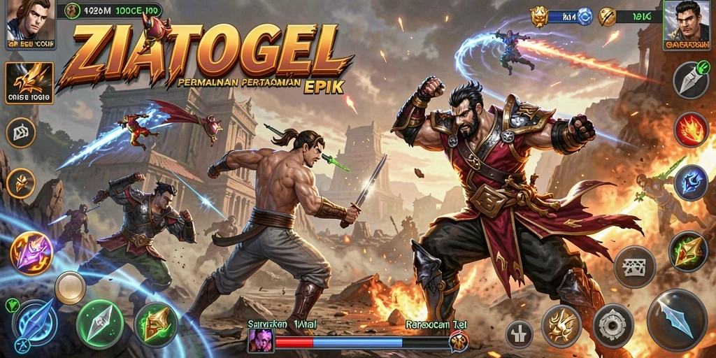 Tangkapan layar ZIATOGEL menampilkan pertarungan seru dengan karakter unik.